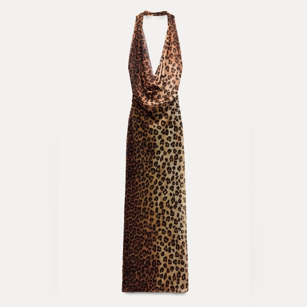 Zara Mesh Leopard Print Halter Maxi Dress